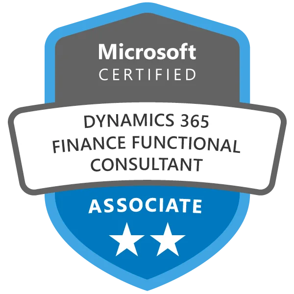 Certified Dynamics 365 Finance Functional Consultant Associate badge achieved after attending the MB-310 Course and Exam