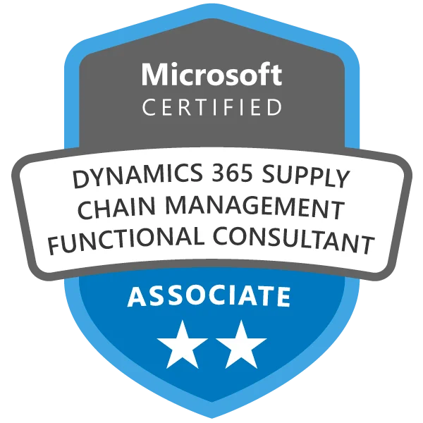 Certified Dynamics 365 Supply Chain Management Associate badge achieved after attending the MB-330 Course and Exam