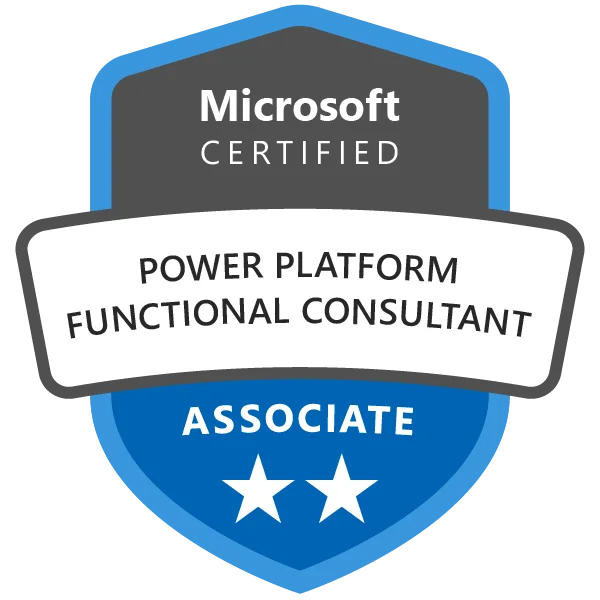 Certified Microsoft Power Platform Functional Consultant badge achieved after attending the PL-200 Training Course and Exam