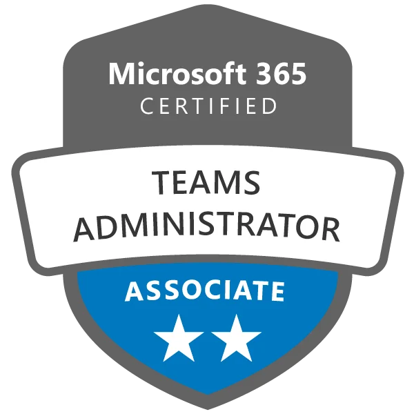 Microsoft 365 Teams Administrator sertifiseringsbadge oppnådd etter deltakelse på MS-700 Teams Admin Kurs