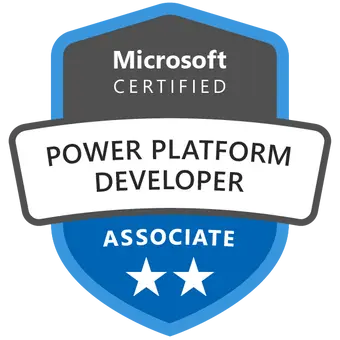 Certifierad Microsoft Dynamics 365 Power Platform Developer-märke uppnådd efter att ha deltagit i PL-400-kursen och provet