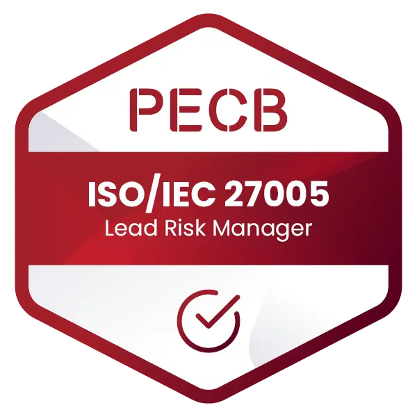 Certificeret ISO 27005 Lead Risk Manager badge opnået efter deltagelse i ISO/IEC 27005 kursus og eksamen