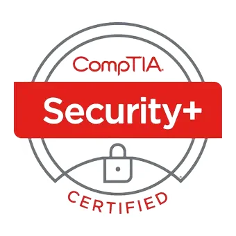 Certificeret CompTIA Security+ badge opnået efter deltagelse i Sec+ kursus og eksamen