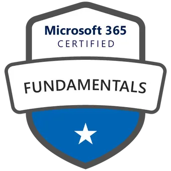 Certificeret Microsoft 365 Fundamentals-badge opnået efter deltagelse i MS-900 kursus og eksamen