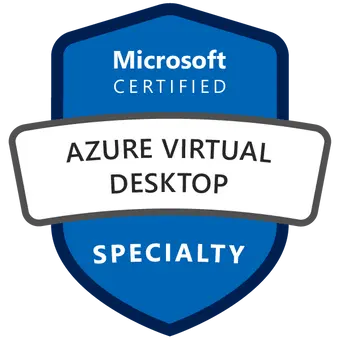 Certificeret Microsoft Azure Virtual Desktop-badge opnået efter deltagelse i AZ-140 kursus og eksamen
