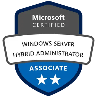 Certificeret Microsoft Windows Server Hybrid Advanced Services-badge opnået efter deltagelse i AZ-801 kursus og eksamen