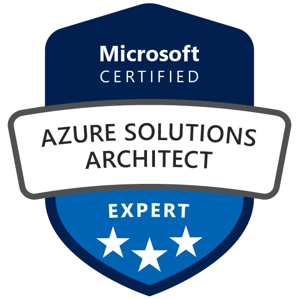 Certified Azure Solutions Architect badge achieved after attending the AZ 305 Solutions Architect Training and Certification Course