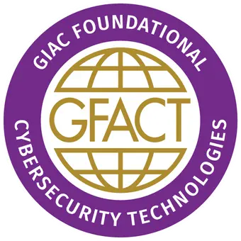 GIAC Foundational Cybersecurity Technologies badge achieved after attending the GFACT Course and Certification