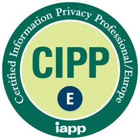 Certificeret information Privatliv Professionel badge opnået efter deltagelse i IAPP CIPP/E kursus og eksamen