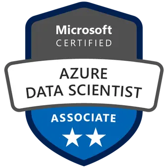 Certified Microsoft Azure Data Scientist Analyst badge achieved after attending the DP-100 Course and Exam