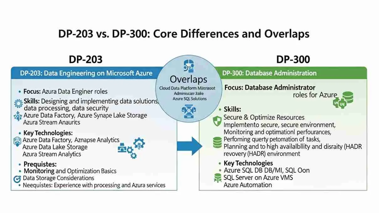 Sammenligningsdiagram for DP-203 vs. DP-300 Azure-certificering