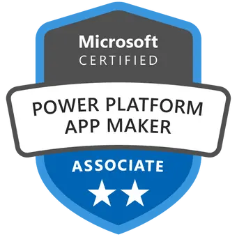 Certificeret Microsoft Dynamics 365 Power Platform App Maker-badge opnået efter deltagelse i PL-100 kursus og eksamen