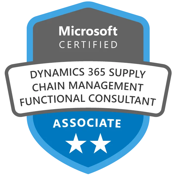 Dynamics 365 Supply Chain Management Associate sertifiseringsbadge oppnådd etter deltakelse på MB-330 Kurs