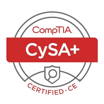 Certified CompTIA Cybersecurity Analyst badge achieved after attending the CySA+ Course and Exam