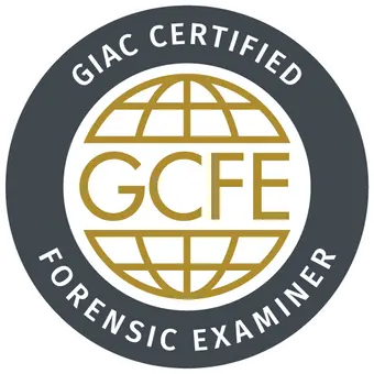 GIAC Forensic Examiner badge opnået efter at have deltaget i GCFE Kurset og certificering