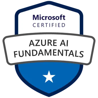 Certificeret Microsoft Azure AI Fundamentals-badge opnået efter deltagelse i AI-900 kursus og eksamen