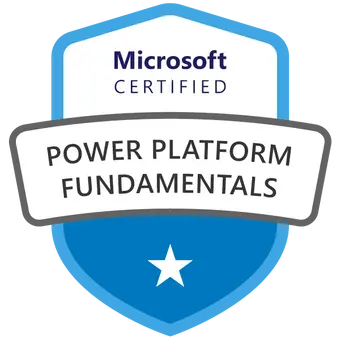 Certificeret Microsoft Power Platform Fundamentals-badge opnået efter deltagelse i PL-900 kursus og eksamen